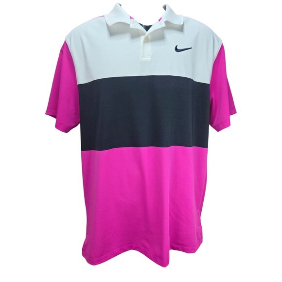 Nike Dri-Fit Mens Pink/Black/White Colorblock Golf Polo Shirt Medium - Picture 1 of 8